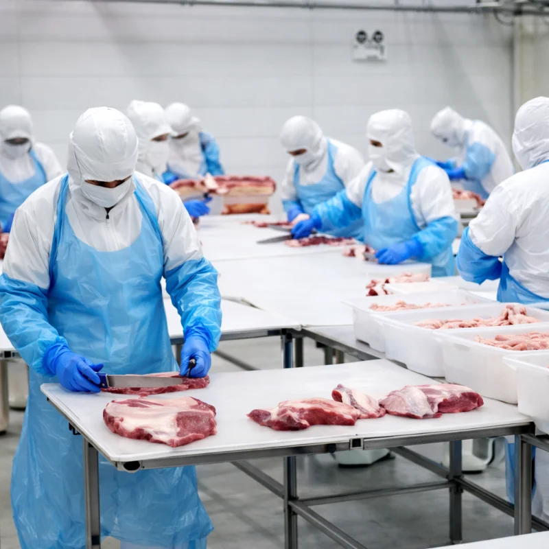 衛生管理された工場での馬肉加工作業